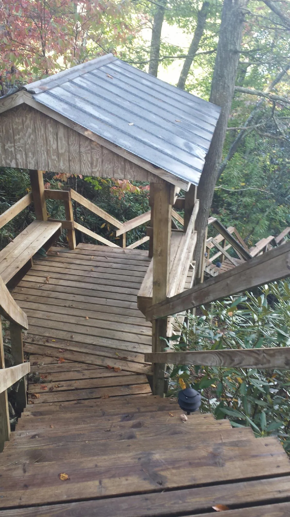 Metal roofed shelter over wooden steps on a wooded walkway — Skylight Repair & Installation work by our crew in Saint Lucas